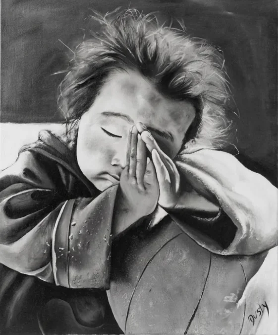 A Child Praying (Whispers of Faith) - black and white oil painting of a child with hands folded in prayer, by Biljana Mancini